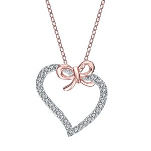 Guili Sterling Silver Cubic Zirconia Heart and Bowtie Necklace in Rose Gold or White—A Lovely, Timeless Piece to Add Charm and Elegance to Your Outfit - 1 of 3