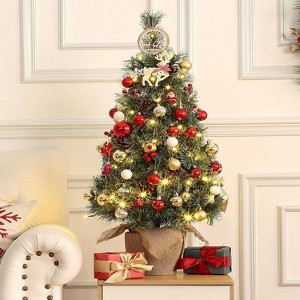 Artificial Christmas, Artificial Tabletop Snow Flocked Christmas Trees, Small Potted Xmas Tree with Burlap Base, Red Berri - 1 of 4