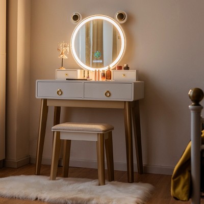 Costway Vanity Table Set Lighted Mirror Storage Drawer Shelf Cushion Stool  : Target