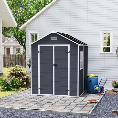 Outdoor Storage Shed, Resin Shed with Floor & Lockable Doors, All Weather Plastic Sheds with Window Dark Grey