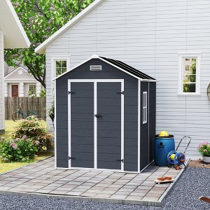 Outdoor Storage Shed, Resin Shed with Floor & Lockable Doors, All Weather Plastic Sheds with Window Dark Grey - 1 of 4