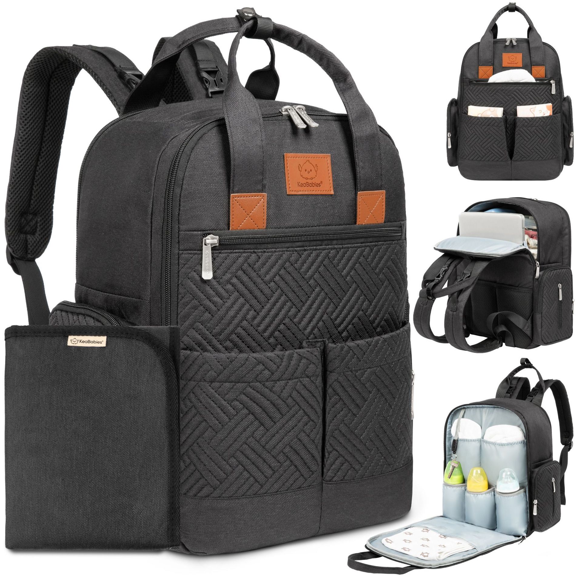 KeaBabies Bree Diaper Bag Backpack, Waterproof Baby Diaper Bags with Changing Pad, Girl, Boy, 2 Kids Travel Essentials (Charcoal)