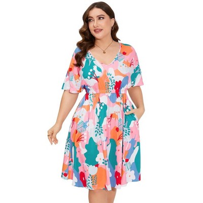 Whizmax Women's Plus Size Midi Dress Summer Floral Print Ruffle Flowy Dress Pink Green Print 5XL