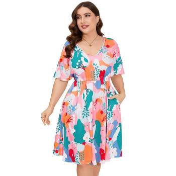 Whizmax Women's Plus Size Midi Dress Summer Floral Print Ruffle Flowy Dress