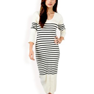 Anna-Kaci Women's Striped Knit Midi Dress with Long Sleeves and Ribbed Texture - 1 of 4