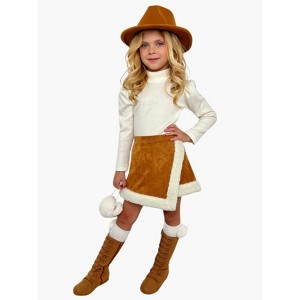 Ivory Turtleneck Top and Camel Fur Trimmed Skort Set Mia Belle Girls - 1 of 4