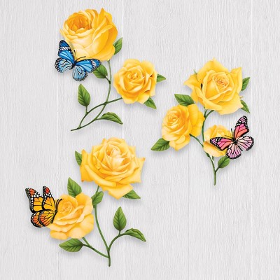 Yellow Rose Butterfly Trio Metal Wall Art Sculpture