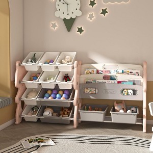 KWPZQEB Toy Storage Organizer - Toy Organizers and Storage with 2 Tier Bookshelf & 12 Storage Bins, Kids Bookshelf and Toy Storage for Kids Room - 1 of 4