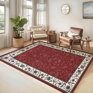 Washable Area Rug Vintage Floral Bordered Accent Rug - 1 of 4