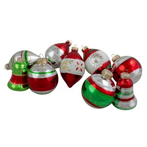 Northlight 2-Finish Striped Glass Christmas Ornaments - 3.25" - Silver and Red - 9ct - 1 of 3