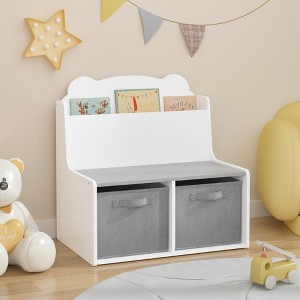 ORRD Kids Bookshelf with 2 Storage Bins, Bear-Shaped Bookcase & Toy Organizer for Toddlers, White and Gray Wooden Book Display - 1 of 4