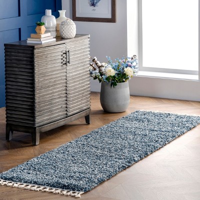 Brooke Blue and Ivory Shag Tasseled Runner Rug