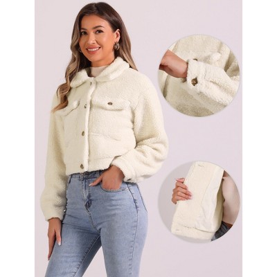 Allegra K Women's Lapel Faux Fur Button Down Long Sleeve Casual Short Jackets Medium Beige — фото 2
