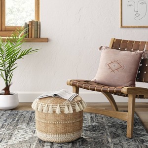 Gemma Pouf Jute Striped/Tassels Natural - Opalhouse™: Bohemian Style, Upholstered Round Ottoman with Polystyrene Beads - 1 of 3