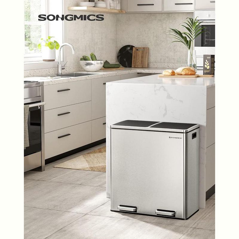 SONGMICS Trash Can, 2 x 8-Gallon Garbage Can for Kitchen, with 15 Trash Bags, 2 Compartments, Airtight, Silver and Black, 2 of 7