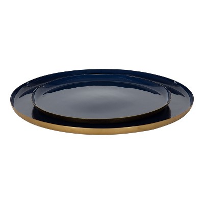 Navy Blue and Gold Round Metal Tray Set, 2 Piece