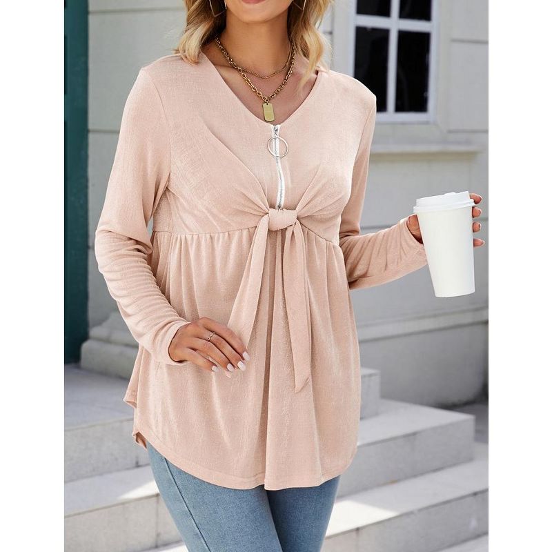 Women's V Neck Blouse Half Zip up Casual Tunic Shirts Babydoll Chest Tie Knot Shirts Ruched Flowy Hem Tunic Tops, 4 of 7