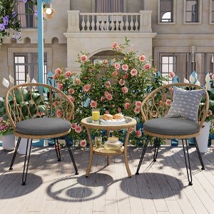 3-PCS Patio Conversation Set Outdoor Leisure Set Furniture Set with 2 Rattan Chairs & Glass Round Table for Patios, Balconies, Courtyard -ModernLuxe - 1 of 4