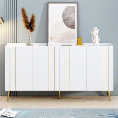 Luxurious Shoe Cabinet with 5 Metal Legs, Modern TV Stand with 4 Adjustable Shelves, Minimalist Sideboard with Gold Lines Doors - ModernLuxe