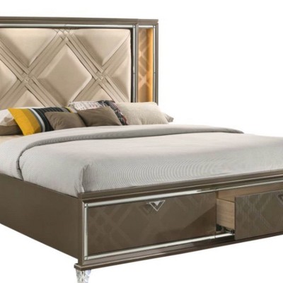 Skylar Queen Champagne Faux Leather Storage Bed with LED
