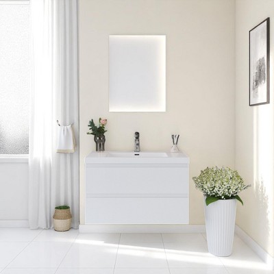 35.4" Wall-Mounted Bathroom Vanity with White Resin Sink, Soft-Close Doors & Open Back Design – Modern Floating Timber Cabinet