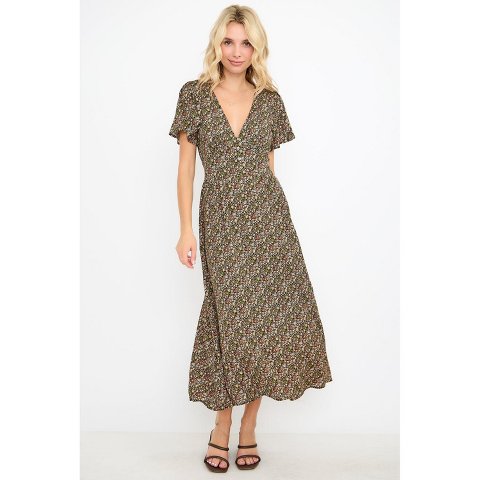 Женские платья West K Ingrid Flutter Sleeve Gauze Midi Dress - Xsmall - Black Orange Ditzy