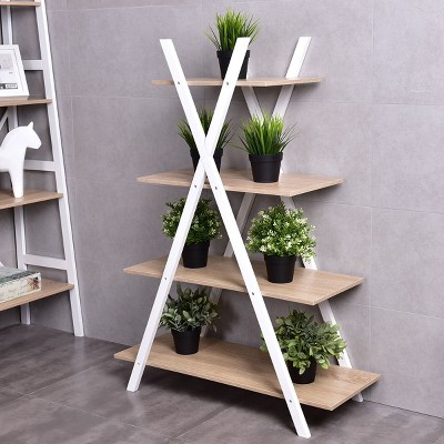 Modern X-Shape 4-Tier Ladder Bookshelf for Toys and Books - Black Wood