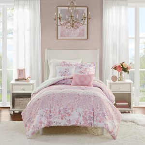 AENKYO Twin/Twin XL Comforter Set,Floral Paisley Duvet Cover Set, Pink Reversible Microfiber Bedding, 4-Piece Lightweight All-Season Set - 1 of 4