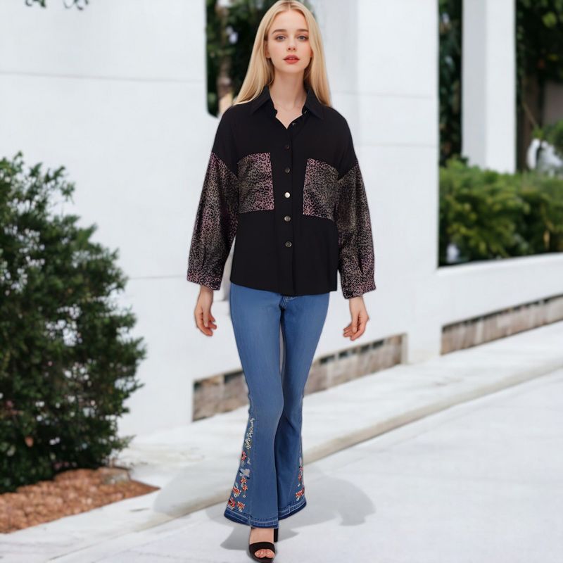 Anna-Kaci Women's Contrast Leopard Button Down Denim Shirts Long Sleeve Boyfriend Light Jacket with Two Pockets, 2 of 7