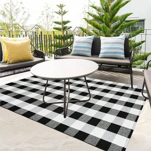 Buffalo Plaid Outdoor Patio Rug 4x6 Feet Cotton Woven Black and White Checkered Washable Carpet for Living Room - 1 of 4