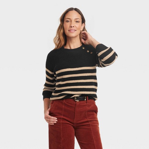 Women's Crewneck Pullover Sweater - Knox Rose™ Black Striped Xs