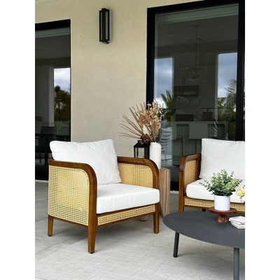Twila Bohemian White Cushioned Patio Chair with Acacia Wood Frame