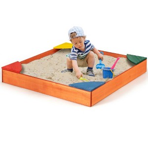 Costway Kids Wooden Backyard Sandbox W/ Built-in Corner Seating Kid's Outdoor Furniture - 1 of 4
