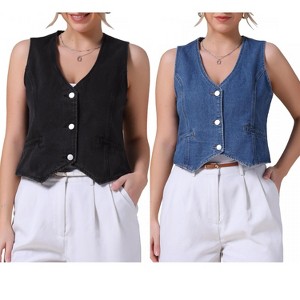 INSPIRE CHIC Women's Sleeveless V Neck Button Down Jean Crop Denim Tank Tops 2 Packs - 1 of 4