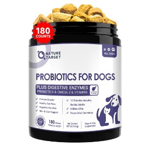 NATURE TARGET Dog Probiotics: 6B CFUs with prebiotics, enzymes, vitamins & Omega 3. Relieves diarrhea, gas, itch. Supports skin & immunity - 180 chews - 1 of 4