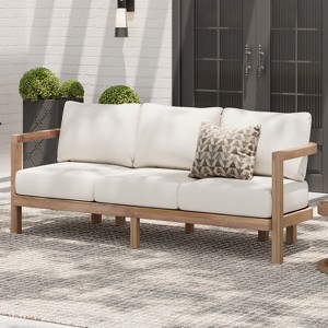 Christopher Knight Home Nicolas 74" Outdoor Slat Design Acacia Wood 3 Seater Sofa with Cushions - 1 of 4