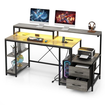 Computer Desk 63'' with LED Light & Power Outlets, Home Office Desk with Monitor Stand and Printer Space