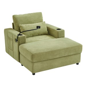 Vynxaria Modern 42.5" Chaise Lounge Armchair - Green Chenille, Movable Storage Ottoman, 2 USB Ports, 2 Cup Holders, Phone Holder/Side Pockets - 1 of 4