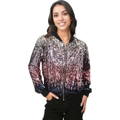 Anna-kaci Sequin Bright Zig Zag Ombre Sparkle Bomber Zip-up Jacket ...