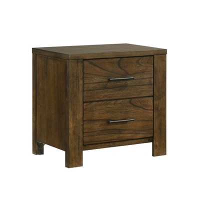 Vynxaria Rustic 2-Drawer Nightstand - 1pc, Oak Finish (Wire-Brushed), Dovetail Drawers, Metal Glides, Dark Brown Bar Pulls, No Assembly Required