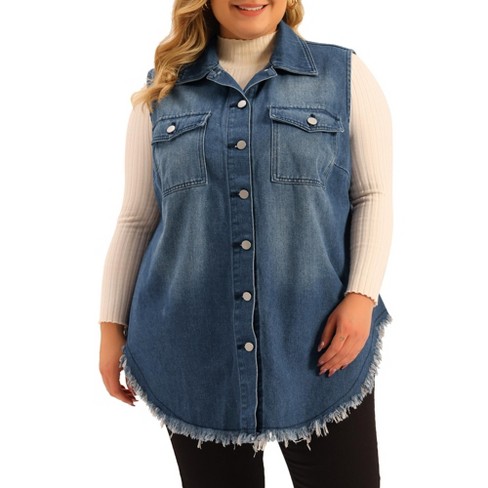 Agnes Orinda Women's Plus Size Button Up Frayed Hem Shacket Sleeveless  Pockets Denim Vest Blue 1x : Target