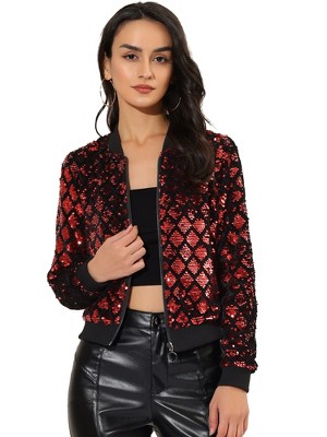 INSPIRE CHIC Women's Sequin Long Sleeve Zipper Up Glitter Bomber Jacket