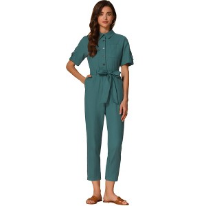 INSPIRE CHIC Women's Short Sleeve Collared Solid Color Button Down Tie Waist Cargo Jumpsuit - 1 of 4