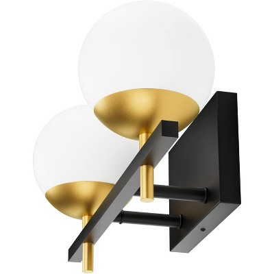 Runesay 2-Light Black Gold Bathroom Vanity Light Mid Century Modern Black/Golden Milky Glass Ball Wall Light for Bathroom