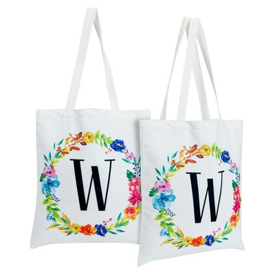 2 Pack Monogrammed Initial Tote Bags, Reusable Grocery Bag for Women, Embroidered, White, 29 in.