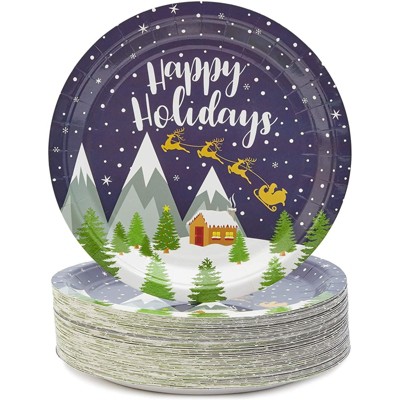Blue Panda 80 Pack "Happy Holidays" Paper Plates, Christmas Party Supplies with Reindeer Design, 9 In