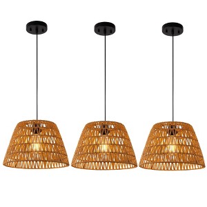 DORESshop 3-Pack Boho Farmhouse Pendant Lights with Woven Rattan Cone Shades, Adjustable Hanging Lamps for Dining Room, E26 Base - 1 of 4