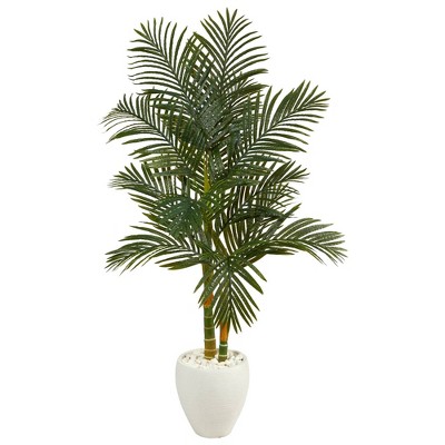 Nearly Natural 5.5-ft Golden Cane Artificial Palm Tree In White Planter ...
