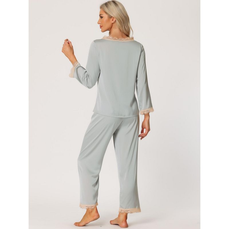 cheibear Women's Satin Lounge Sleepwear Night Suits V Neck Lace Trim Pajama Sets, 3 of 6