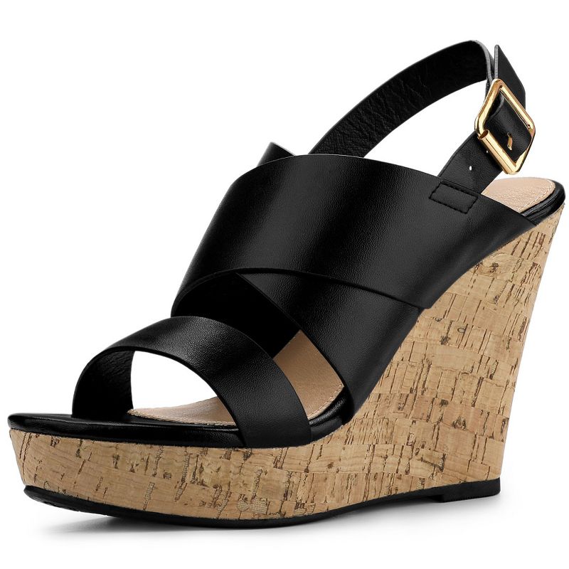 Allegra K Women's Slingback Buckle Ankle Strap Wood Platform Wedge Sandals, 1 of 8